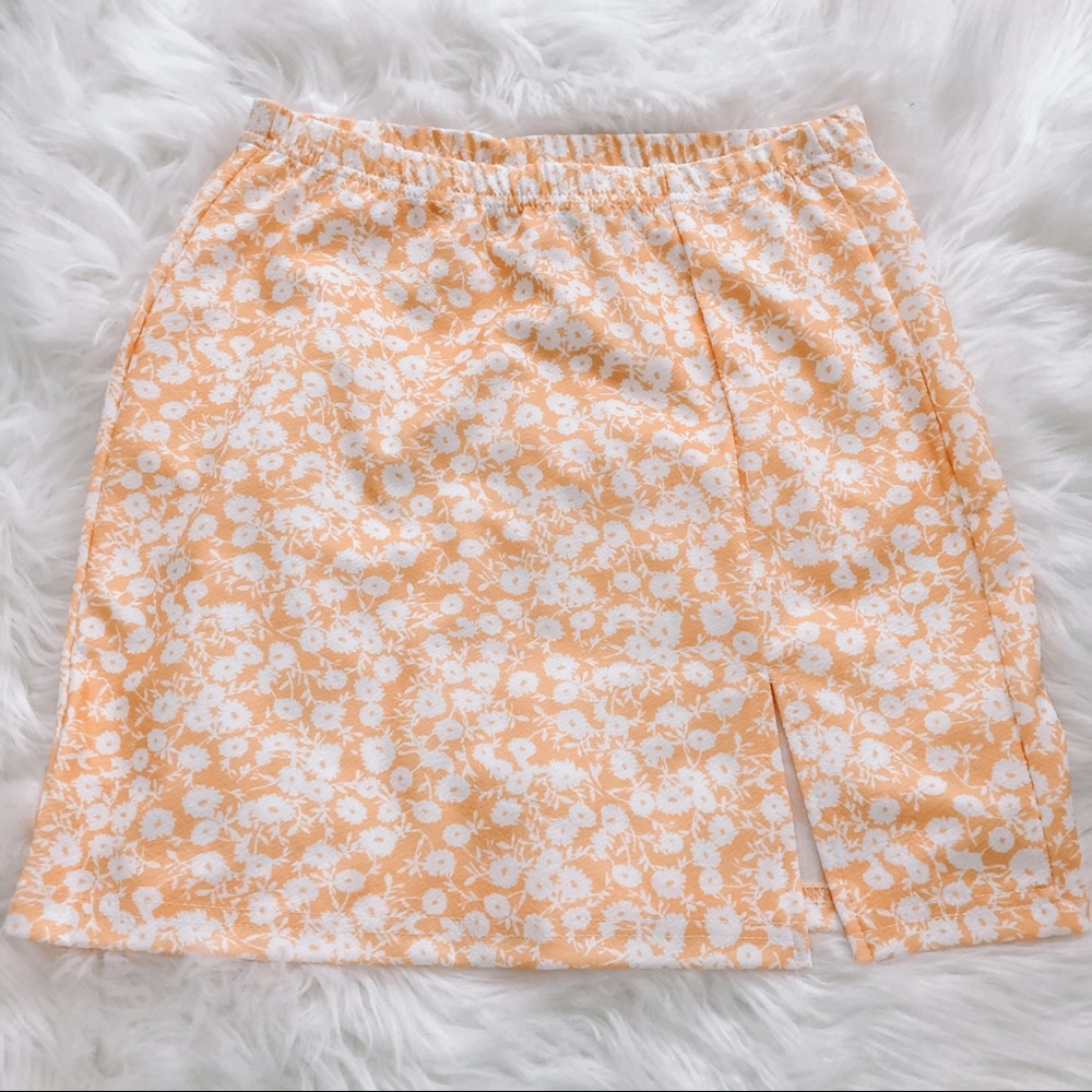 Yellow Floral Slit Skirt